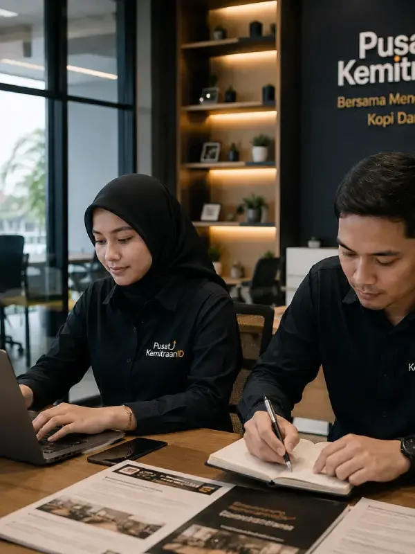 Tim Pusat Kemitraan ID sedang melakukan konsultasi dan perencanaan pengembangan bisnis Kopi Dari Hati di kantor pusat.