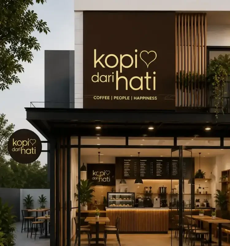 Desain eksterior gerai Kopi Dari Hati modern dengan konsep minimalis, fasad premium, area dine in, dan branding coffee shop untuk peluang kemitraan franchise.